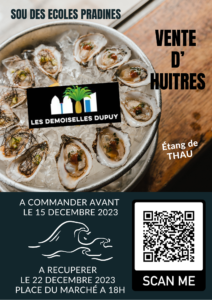 Le Sou des Écoles de Pradines organise une vente d'huîtres de Bouzigues. Commandez vos bourriches avant le 15 décembre et venez les retirer le 22 décembre. Dégustation possible le 10 décembre sur le marché.